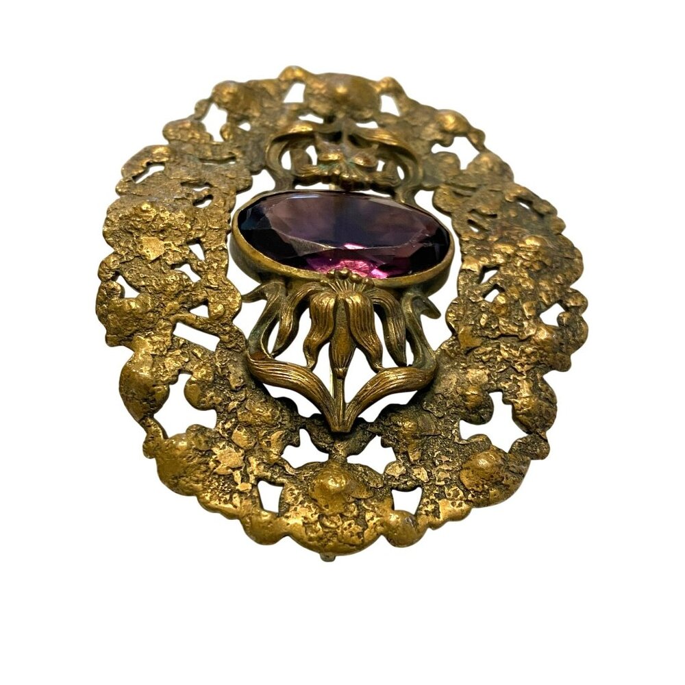 Victorian Brass Amethyst Purple Glass Sash Brooch Pin Art Nouveau 1800s - Picture 3 of 8
